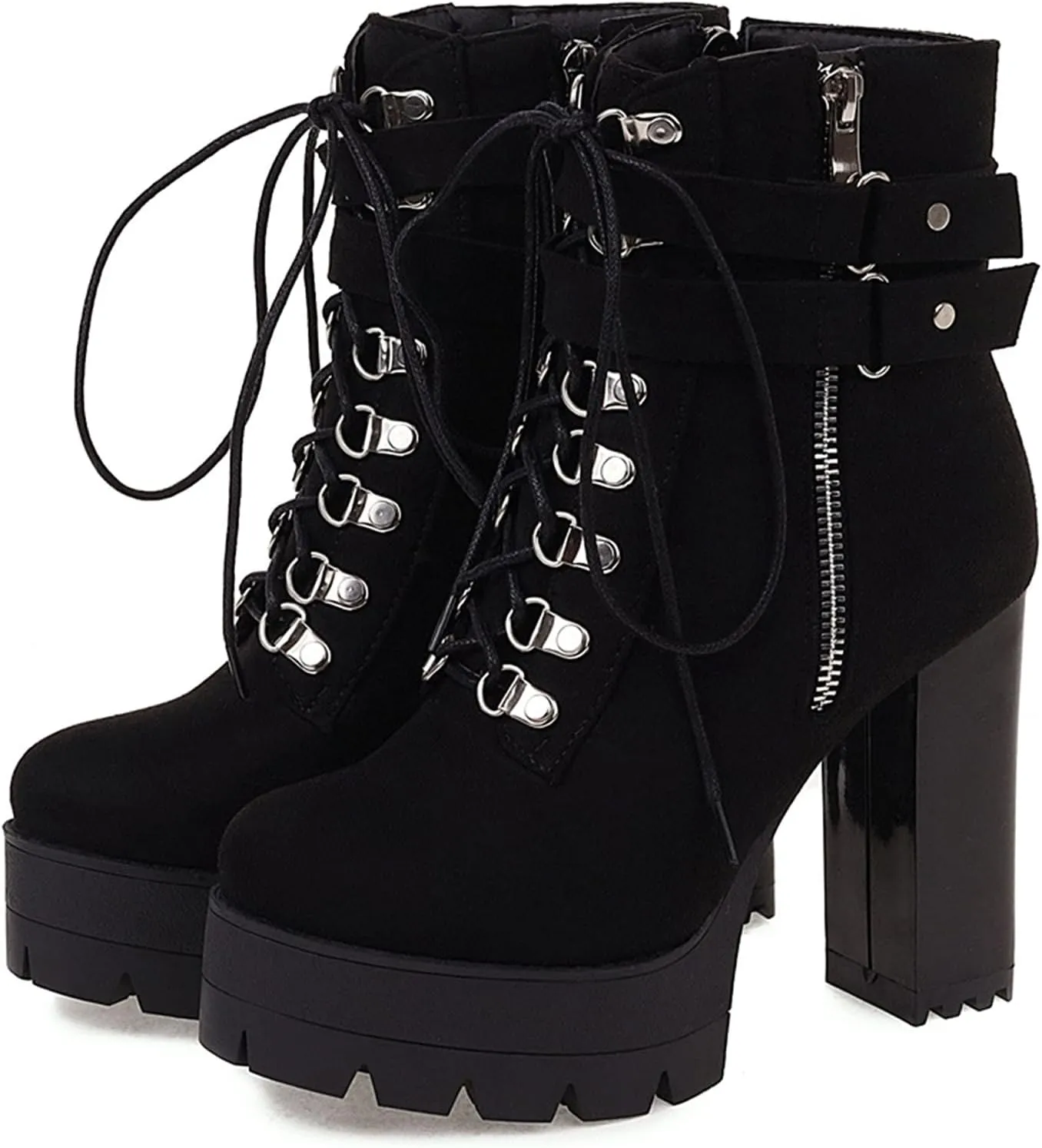 Erocalli Lace up Chunky Heel Ankle Booties for Women Block High Heel Platform Combat Boots