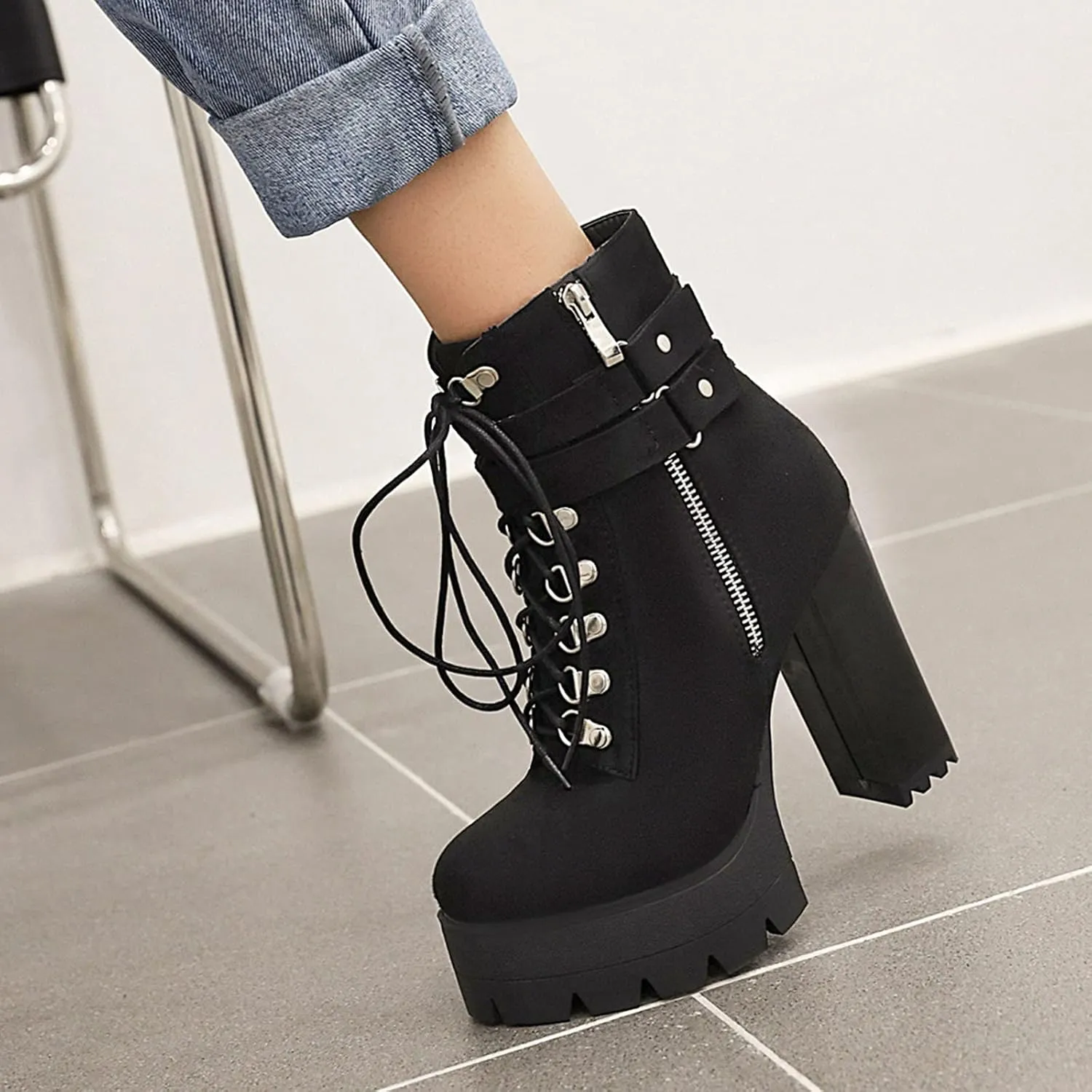 Erocalli Lace up Chunky Heel Ankle Booties for Women Block High Heel Platform Combat Boots