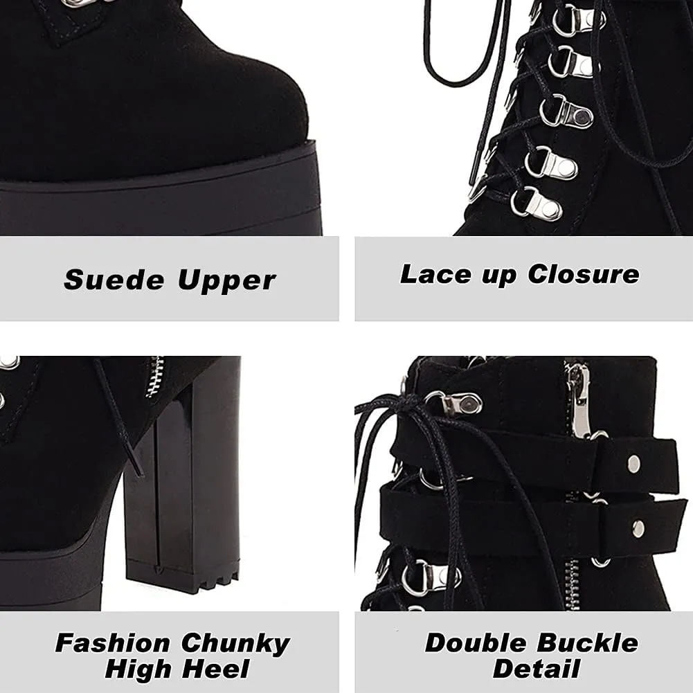 Erocalli Lace up Chunky Heel Ankle Booties for Women Block High Heel Platform Combat Boots