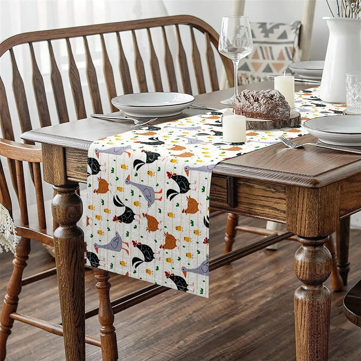 Erosebridal Animals Table Runner 13x108, Chicken Duck Goose Table Runners, Farmhouse Poultry Geometric Stripes Spring Table Runner, Nature Waterproof Table Center Decor, Brown Grey