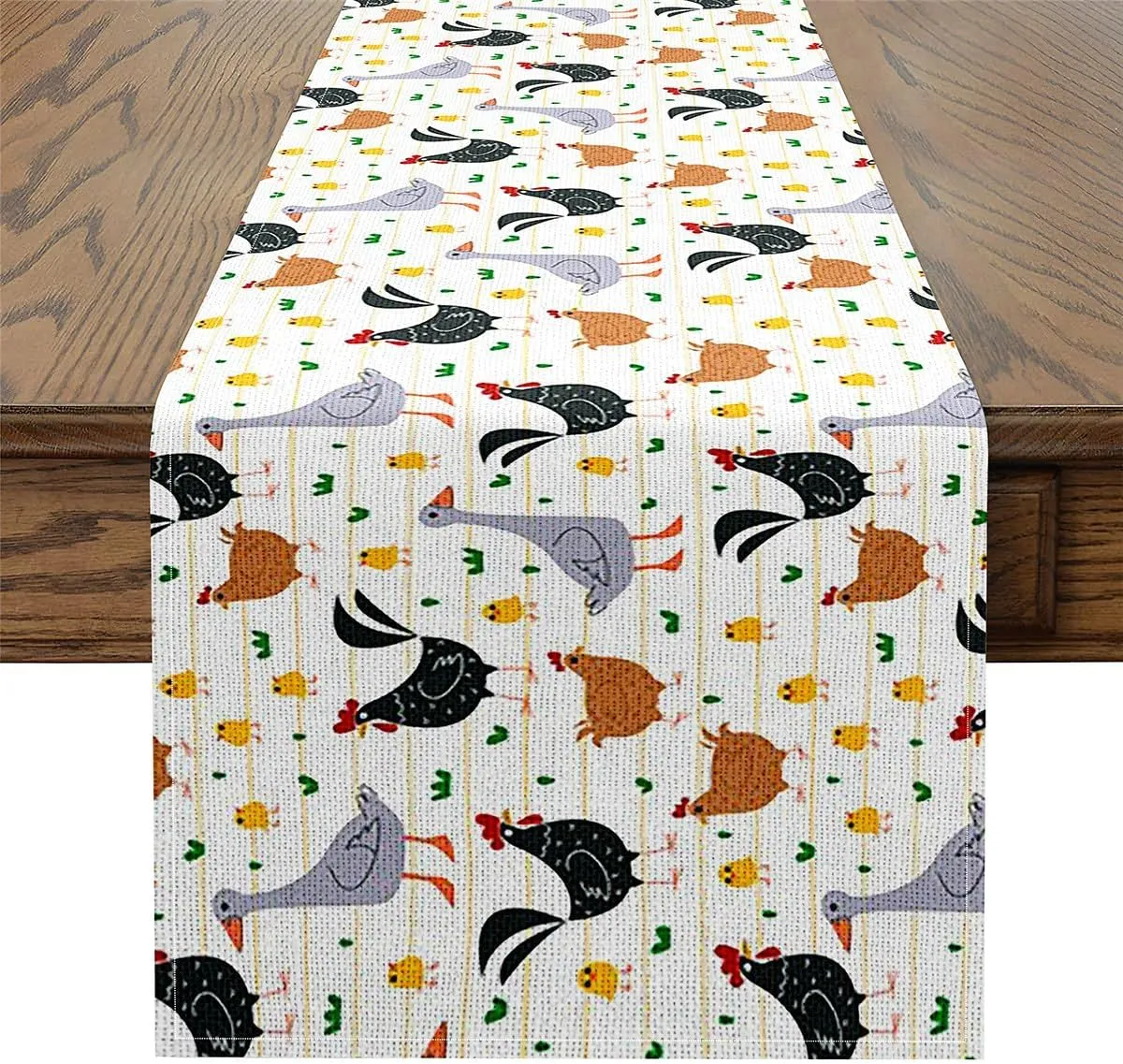 Erosebridal Animals Table Runner 13x108, Chicken Duck Goose Table Runners, Farmhouse Poultry Geometric Stripes Spring Table Runner, Nature Waterproof Table Center Decor, Brown Grey