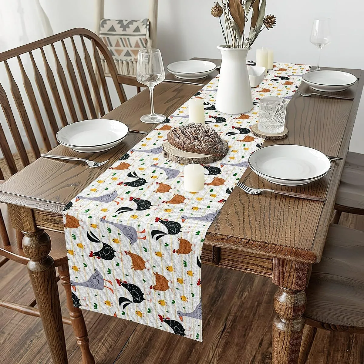 Erosebridal Animals Table Runner 13x108, Chicken Duck Goose Table Runners, Farmhouse Poultry Geometric Stripes Spring Table Runner, Nature Waterproof Table Center Decor, Brown Grey