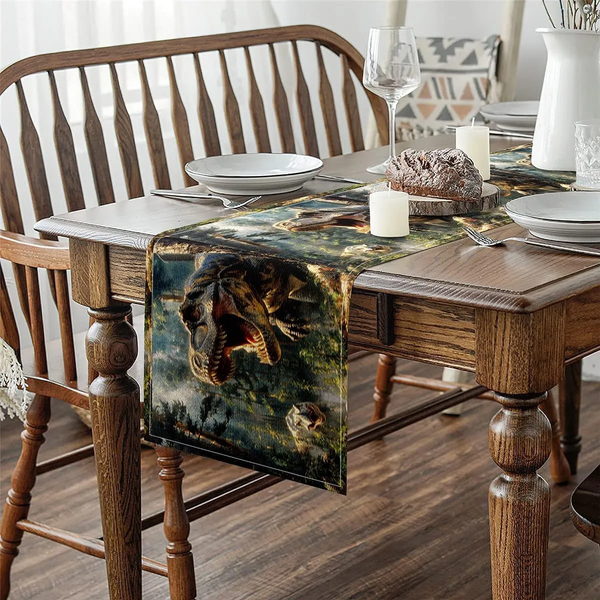 Erosebridal Dinosaur 13x108 Table Runner, Cute Dino Table Runners, 3D Dinosaur Print Waterproof Wild Animal Patterns Rectangular Runner, Tropical Palm Leaves Jungle Wildlife Dresser Runners