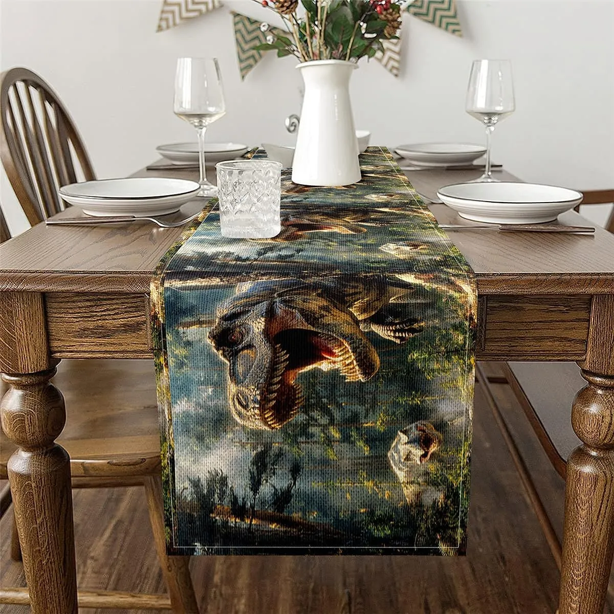 Erosebridal Dinosaur 13x108 Table Runner, Cute Dino Table Runners, 3D Dinosaur Print Waterproof Wild Animal Patterns Rectangular Runner, Tropical Palm Leaves Jungle Wildlife Dresser Runners