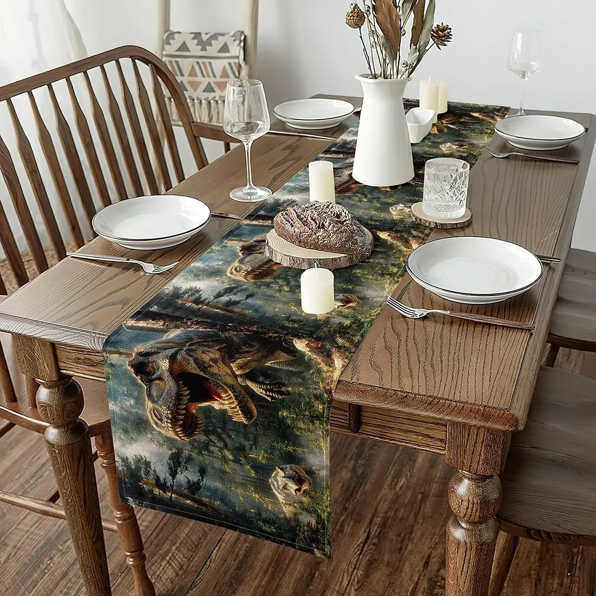 Erosebridal Dinosaur 13x108 Table Runner, Cute Dino Table Runners, 3D Dinosaur Print Waterproof Wild Animal Patterns Rectangular Runner, Tropical Palm Leaves Jungle Wildlife Dresser Runners