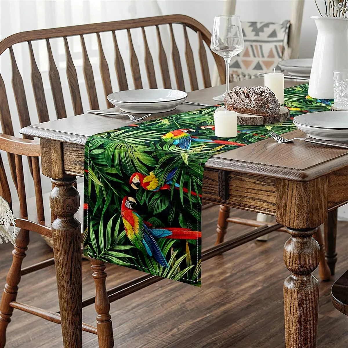 Erosebridal Parrot Birds Table Runner 13X48, Rainforest Palm Leaf Rectangular Runner, Green Wild Animal Safari Table Runners, Hawaiian Tropical Summer Table Runner