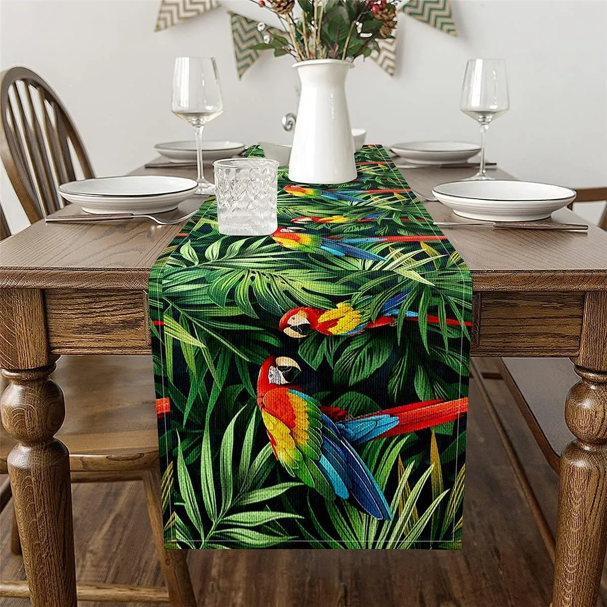 Erosebridal Parrot Birds Table Runner 13X48, Rainforest Palm Leaf Rectangular Runner, Green Wild Animal Safari Table Runners, Hawaiian Tropical Summer Table Runner