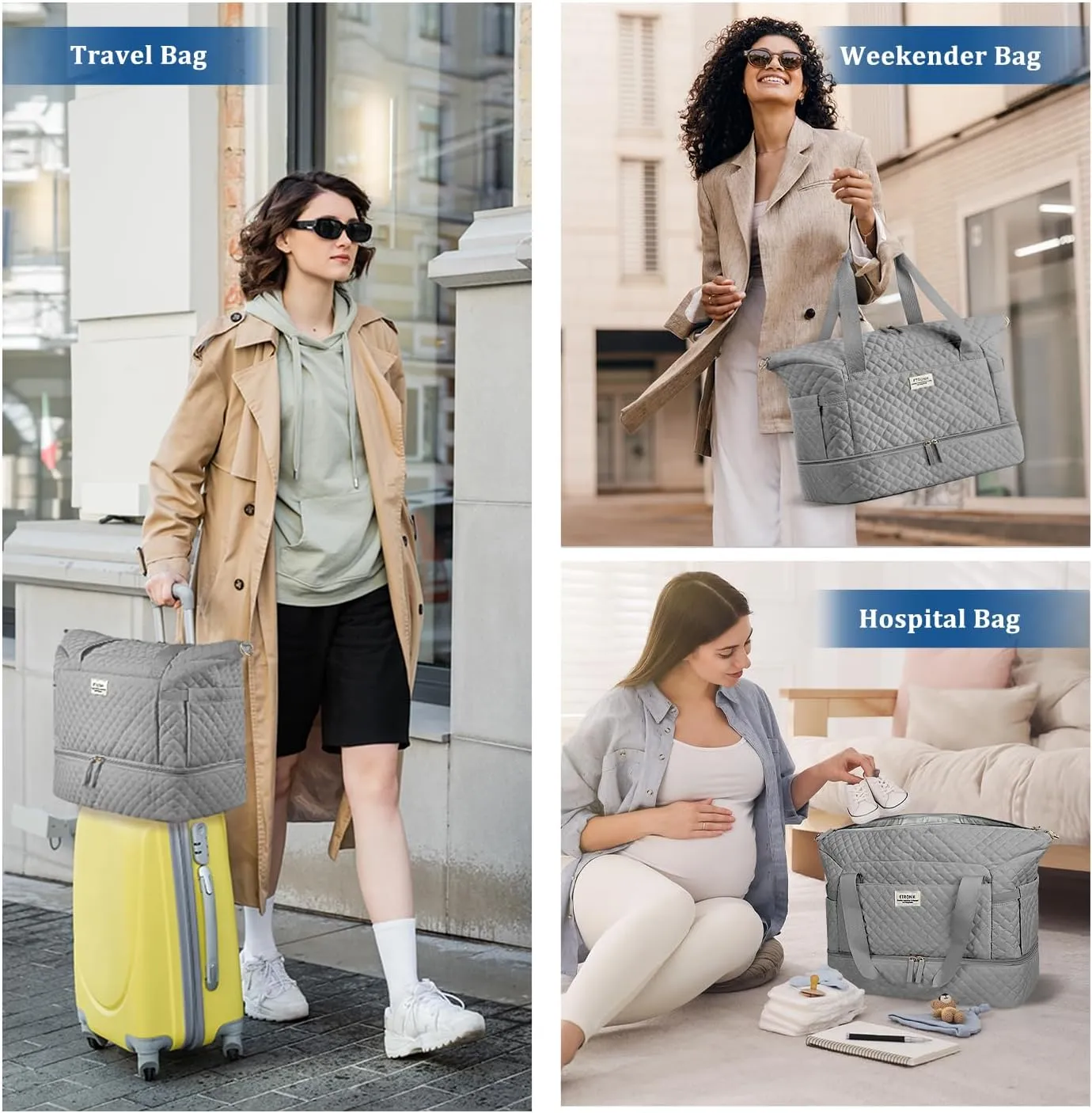ETRONIK Travel Bag for Women, Gym Duffel Bag with USB Charging Port, Weekender Overnight Bag with Wet Pocket and Shoes Compartment for Women Travel Gym Daily Use (Grey)