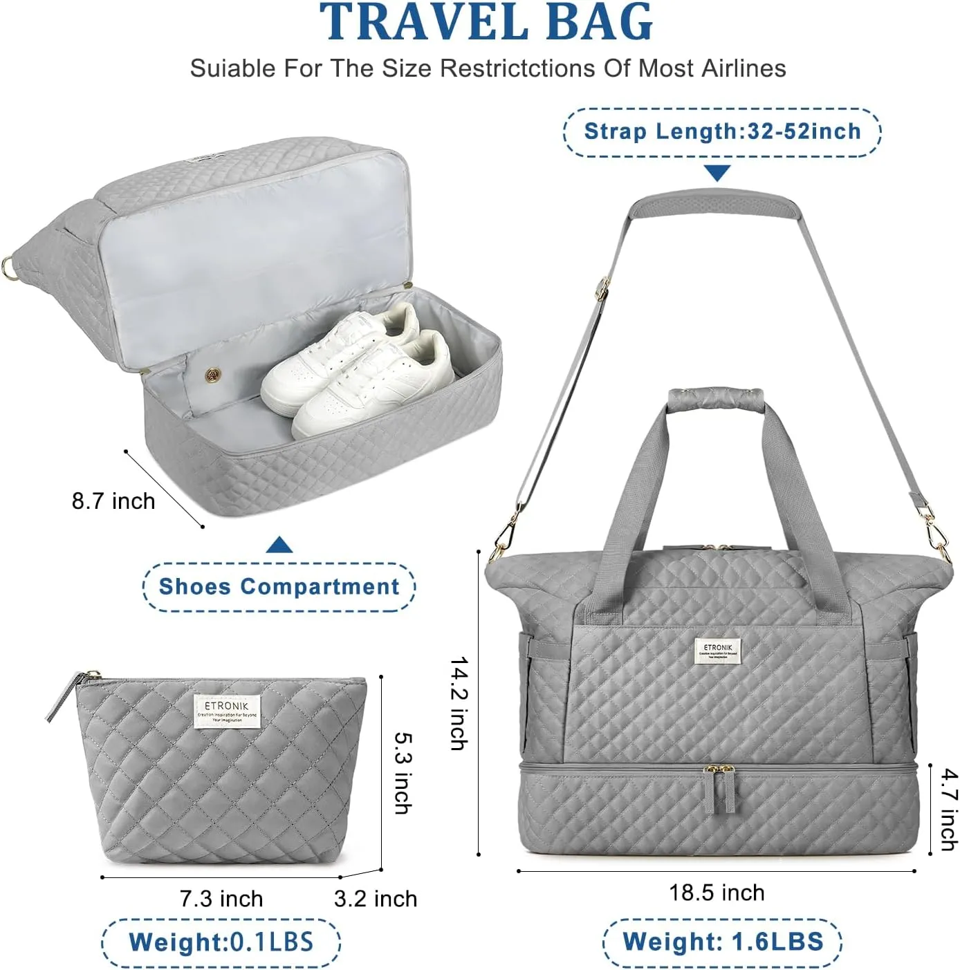 ETRONIK Travel Bag for Women, Gym Duffel Bag with USB Charging Port, Weekender Overnight Bag with Wet Pocket and Shoes Compartment for Women Travel Gym Daily Use (Grey)