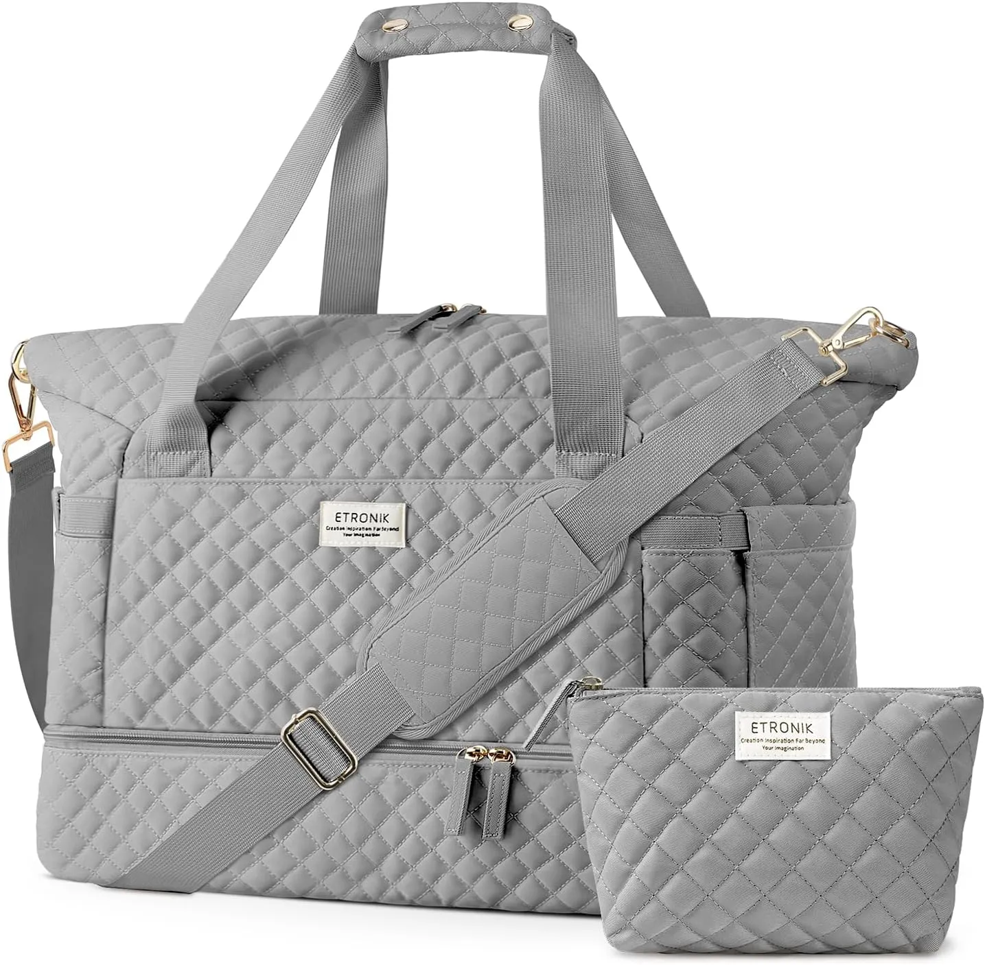 ETRONIK Travel Bag for Women, Gym Duffel Bag with USB Charging Port, Weekender Overnight Bag with Wet Pocket and Shoes Compartment for Women Travel Gym Daily Use (Grey)
