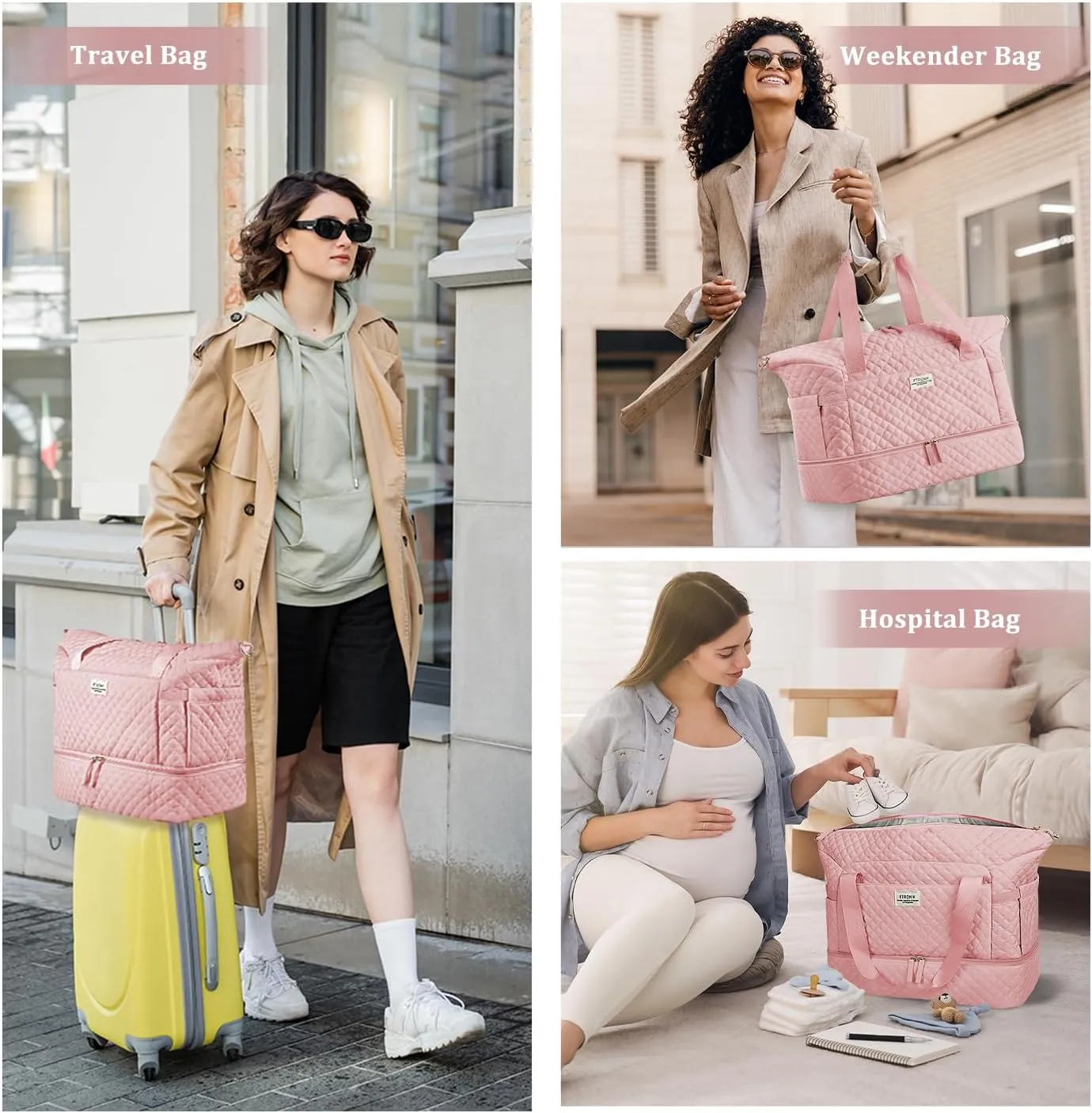 ETRONIK Travel Bag for Women, Gym Duffel Bag with USB Charging Port, Weekender Overnight Bag with Wet Pocket and Shoes Compartment for Women Travel Gym Daily Use (Pink)