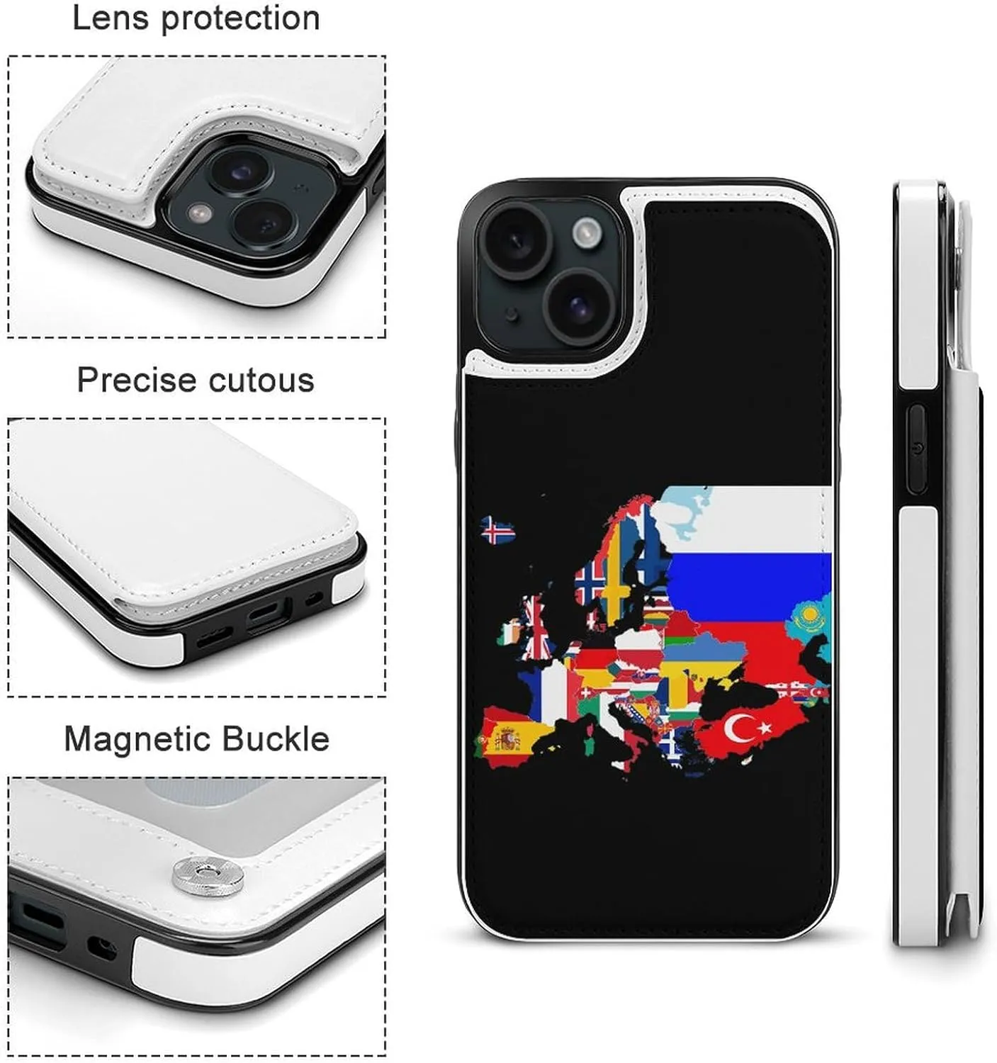 Europe Flags Map Printed Flip Wallet Phone Case Compatible with iPhone 15/iPhone 15 Plus/iPhone 15 Pro/iPhone 15 Pro Max Protective Cover with Card Holder Kickstand