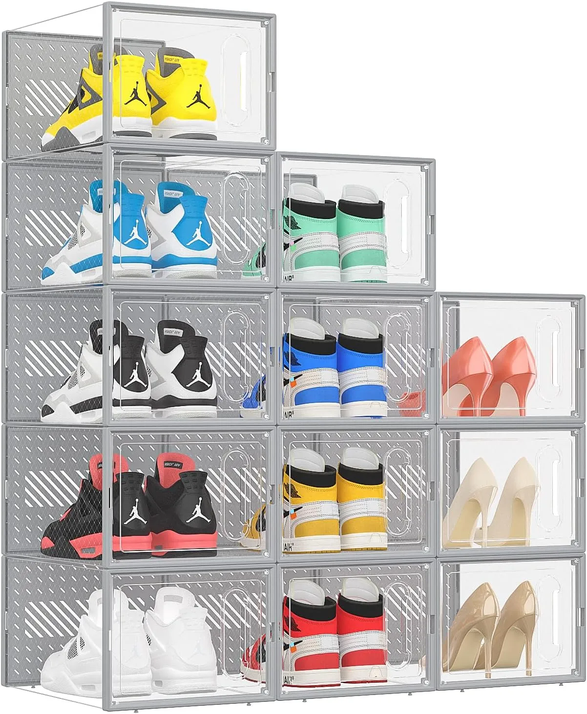 eWonLife Large Shoe Organizer Storage Box with Magnetic Door,12 Pack Clear Plastic Stackable Sneaker Containers for Closet, Connect Left and Right Shoe Box for Entryway, Drop Front, Under Bed (Grey)