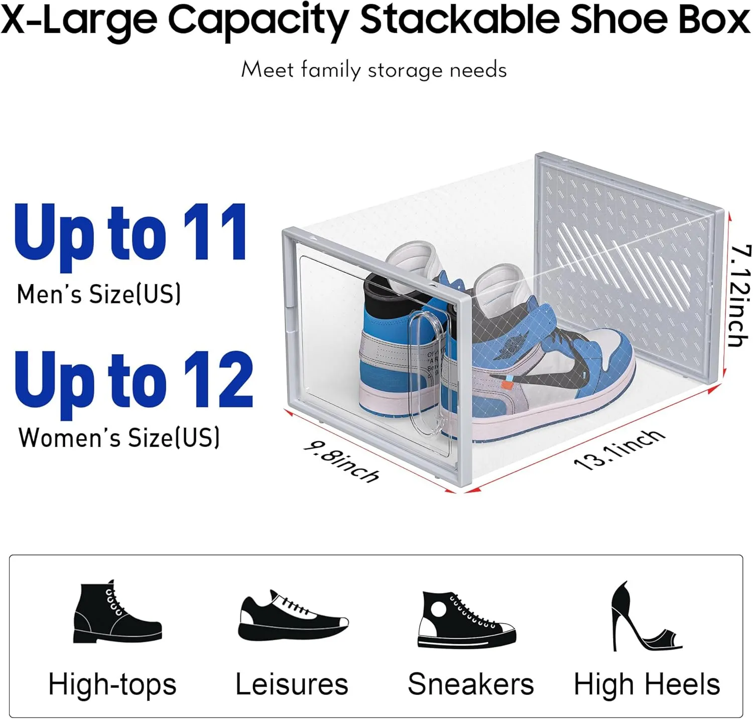 eWonLife Large Shoe Organizer Storage Box with Magnetic Door,12 Pack Clear Plastic Stackable Sneaker Containers for Closet, Connect Left and Right Shoe Box for Entryway, Drop Front, Under Bed (Grey)