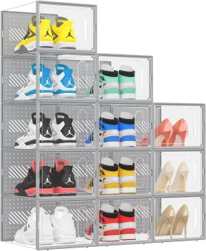 eWonLife Large Shoe Organizer Storage Box with Magnetic Door,12 Pack Clear Plastic Stackable Sneaker Containers for Closet, Connect Left and Right Shoe Box for Entryway, Drop Front, Under Bed (Grey)