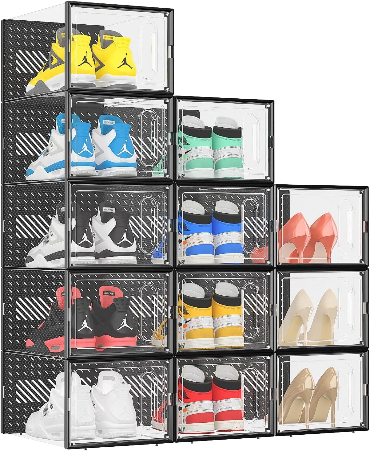 eWonLife X-Large Shoe Organizer with Magnetic Door, 12 Pack Clear Plastic Stackable Shoe Storage Box, Shoe Case Containers for Closet, Entryway, Interlock Sideways Shoe Rack, Fit up to Size 12, Black