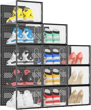 eWonLife X-Large Shoe Organizer with Magnetic Door, 12 Pack Clear Plastic Stackable Shoe Storage Box, Shoe Case Containers for Closet, Entryway, Interlock Sideways Shoe Rack, Fit up to Size 12, Black