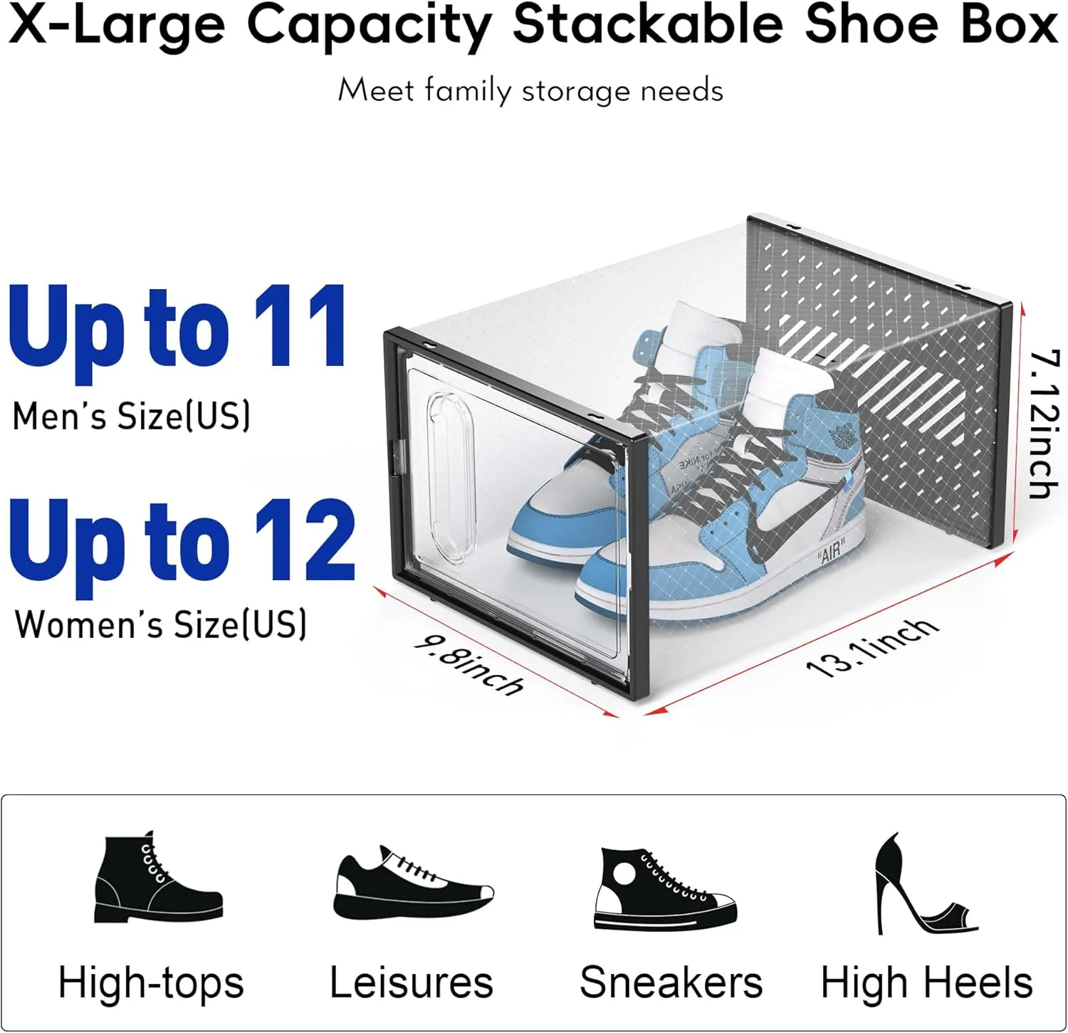 eWonLife X-Large Shoe Organizer with Magnetic Door, 12 Pack Clear Plastic Stackable Shoe Storage Box, Shoe Case Containers for Closet, Entryway, Interlock Sideways Shoe Rack, Fit up to Size 12, Black