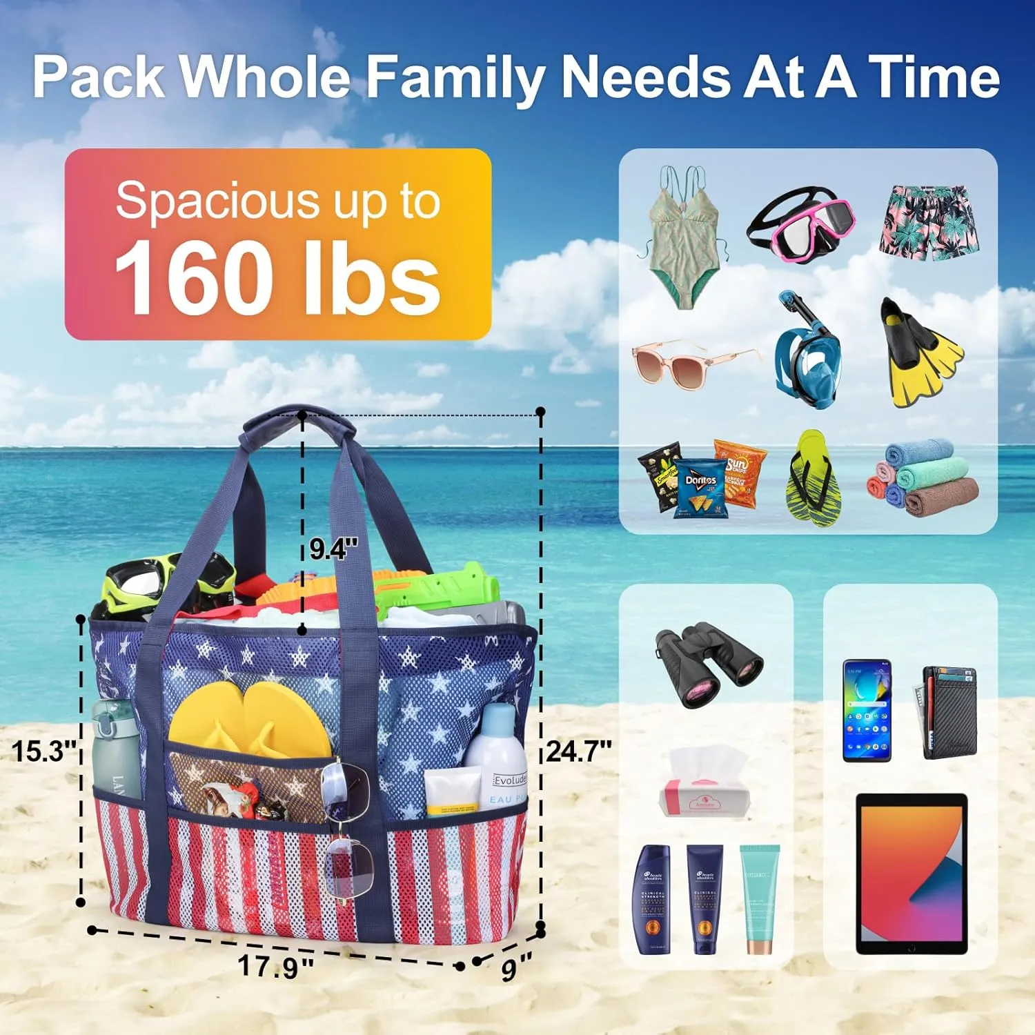 F-color Mesh Beach Bag Family - Beach Tote 9 Pockets Cruise Vacation Essentials