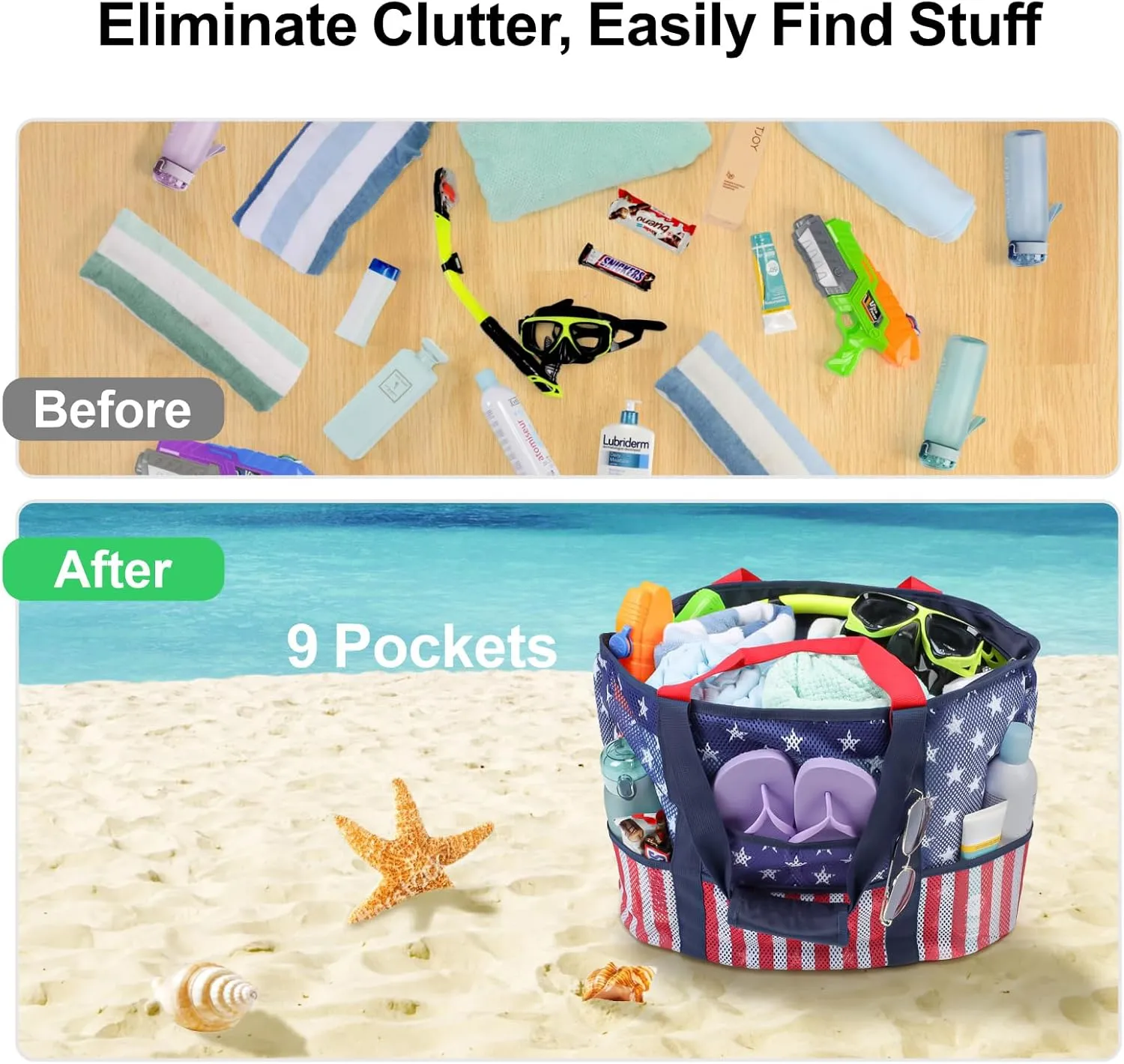 F-color Mesh Beach Bag Family - Beach Tote 9 Pockets Cruise Vacation Essentials