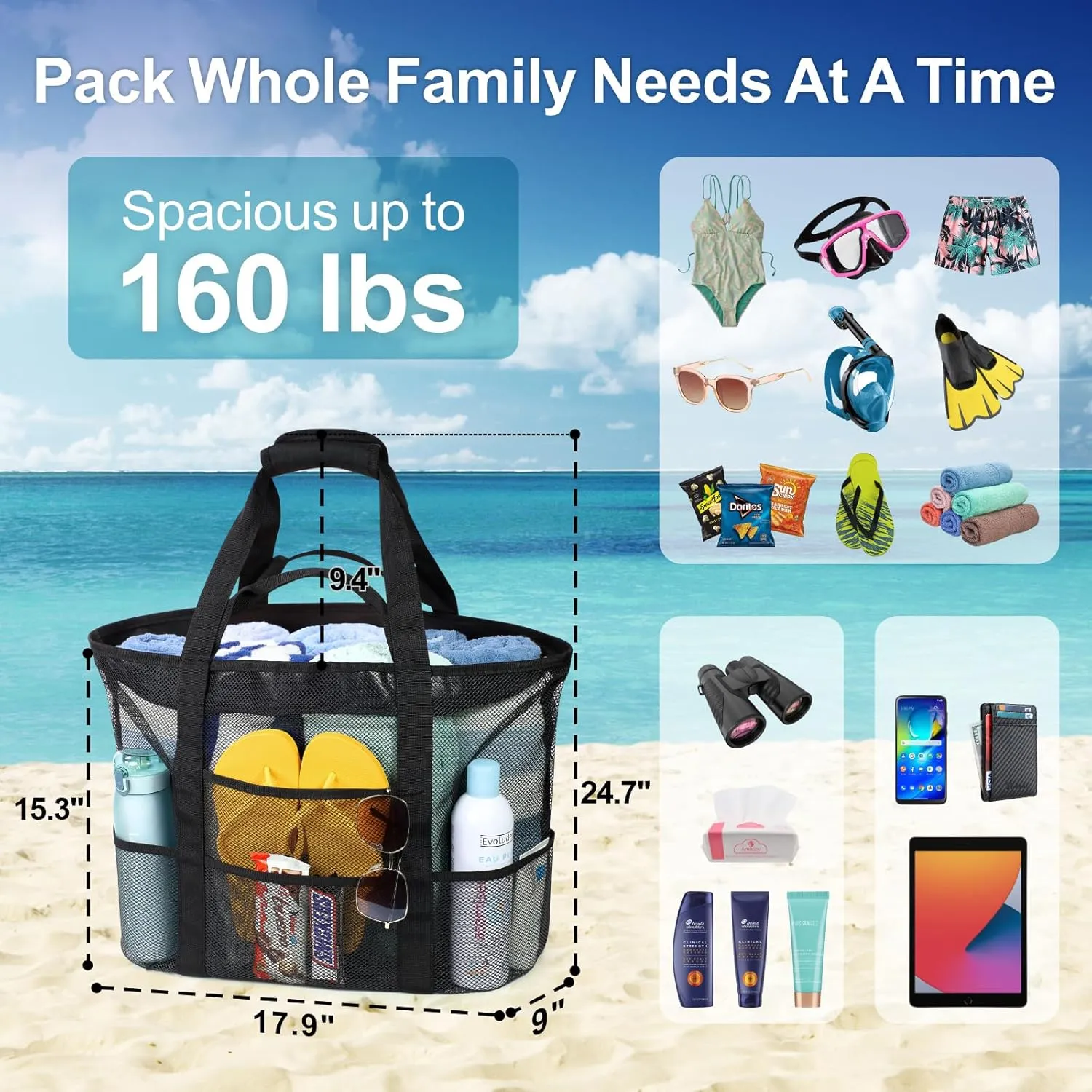 F-color Mesh Beach Bag Family - Beach Tote 9 Pockets Cruise Vacation Essentials