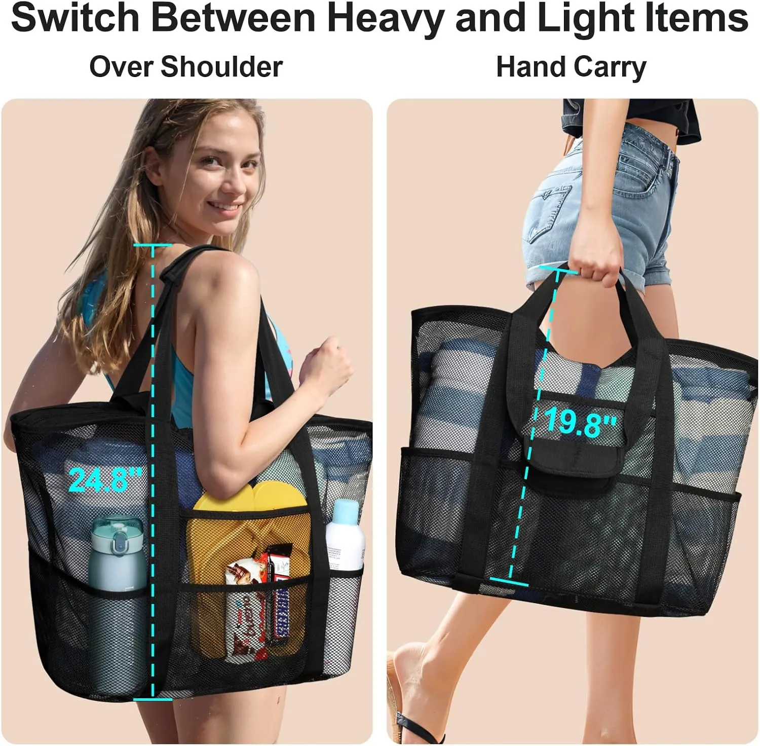 F-color Mesh Beach Bag Family - Beach Tote 9 Pockets Cruise Vacation Essentials
