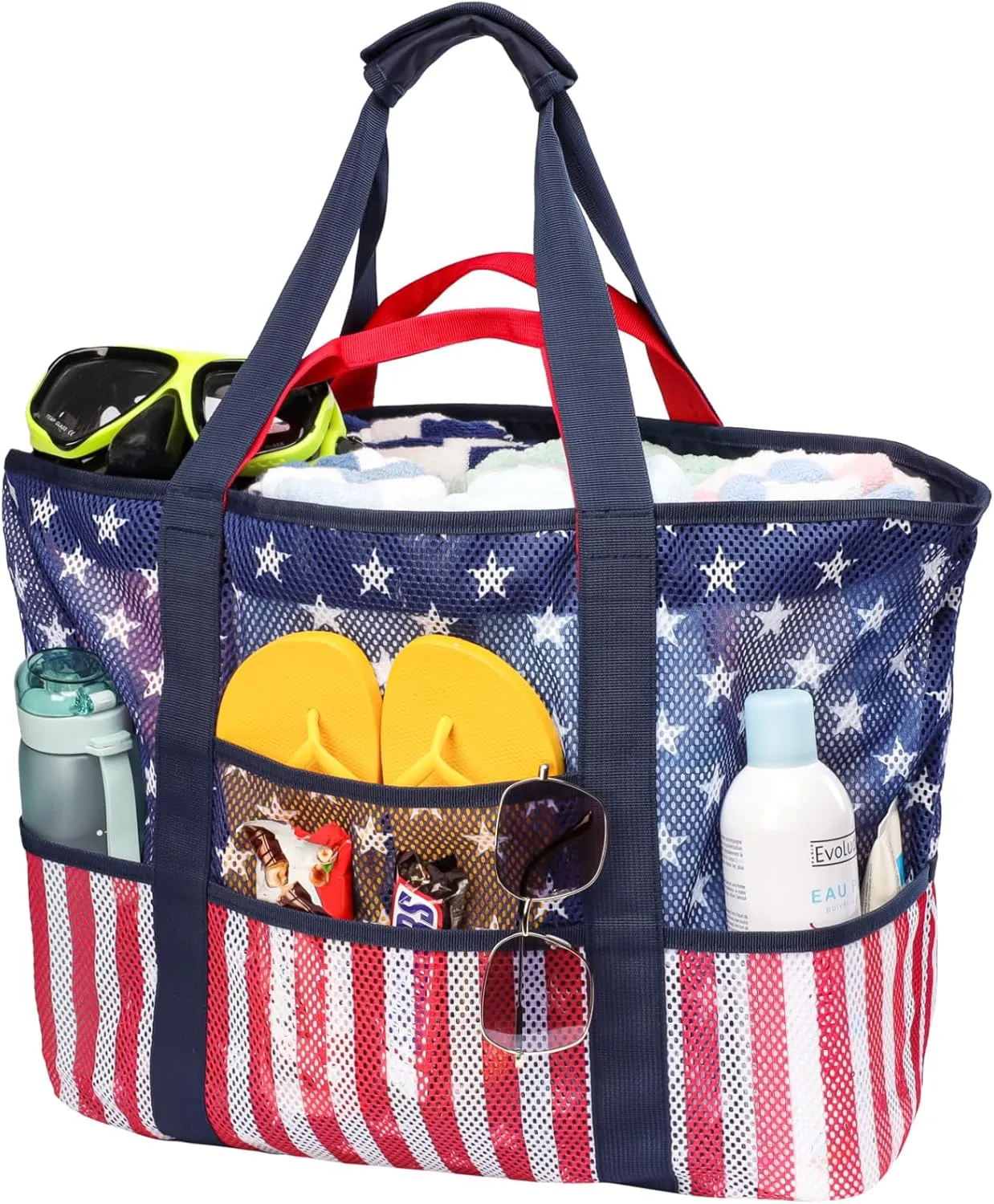 F-color Mesh Beach Bag Family - Beach Tote 9 Pockets Cruise Vacation Essentials