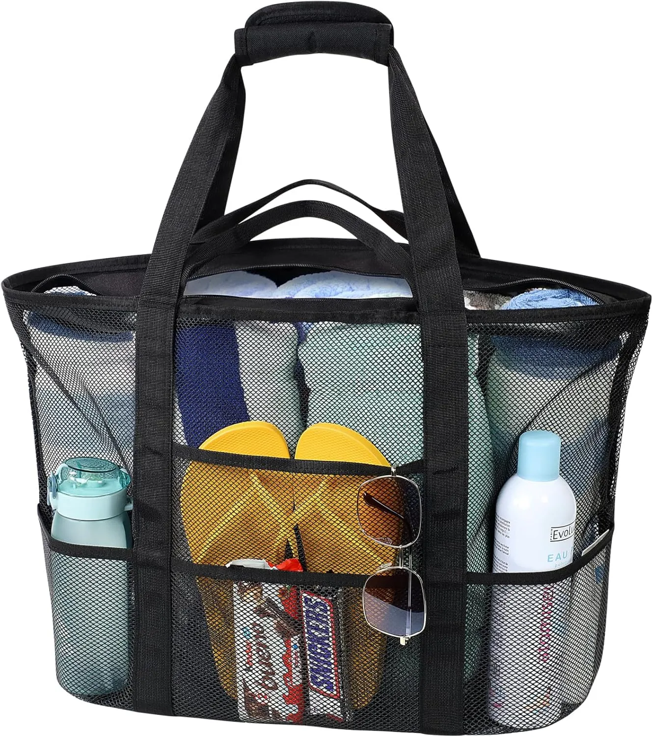 F-color Mesh Beach Bag Family - Beach Tote 9 Pockets Cruise Vacation Essentials
