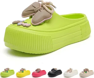 Fashion Women's Cute Clogs, Platform Lace Up Soft Bottom Bow Decoration Shoes, Closed Toe Summer Beach Rustic Flower Casual Shoes