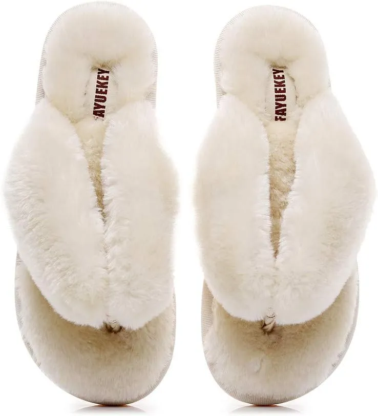 FAYUEKEY Comfort Spa Flip Flops Thong Slide for Women Girls Sexy Fuzzy Bedroom House Slippers with Memory Foam