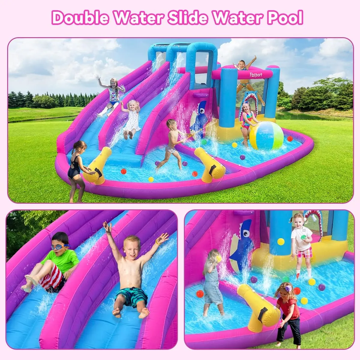 FBSPORT Inflatable Bounce House Double Slide, Water Slide Park Bouncer Castle with Water Gun, Climbing Wall, Jumping and Splash Pool, Kids Bouncy Castle with 550W Air Blower for Outdoor Backyard