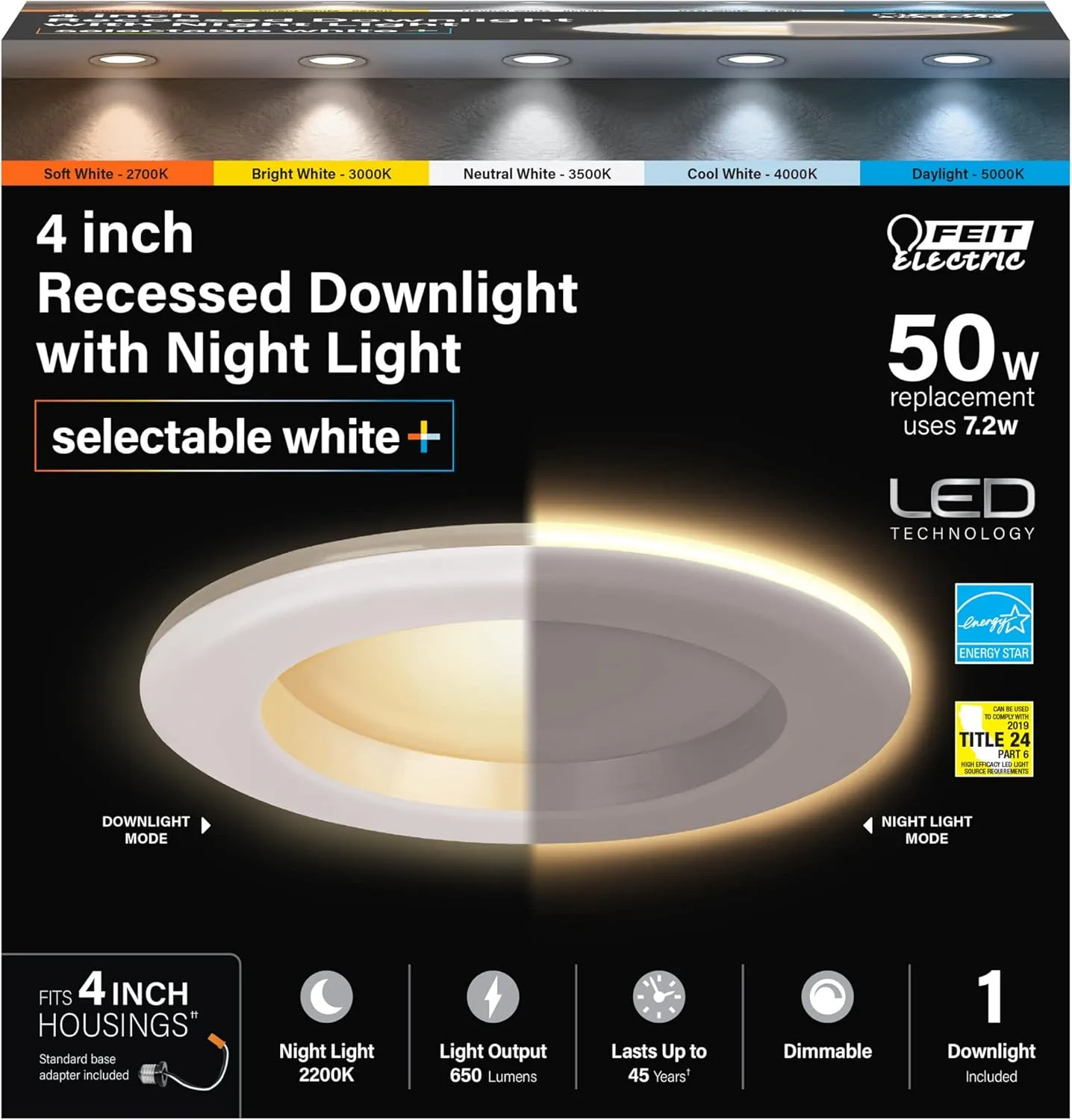 Feit Electric 4" LED Recessed Downlight with Night Light Mode, 50W Equivalent, Dimmable, 5CCT Selectable White, 90 CRI, 650 Lumens, 45 Year Lifetime, 4 Pack, LEDR4/NL/5CCTCA/4