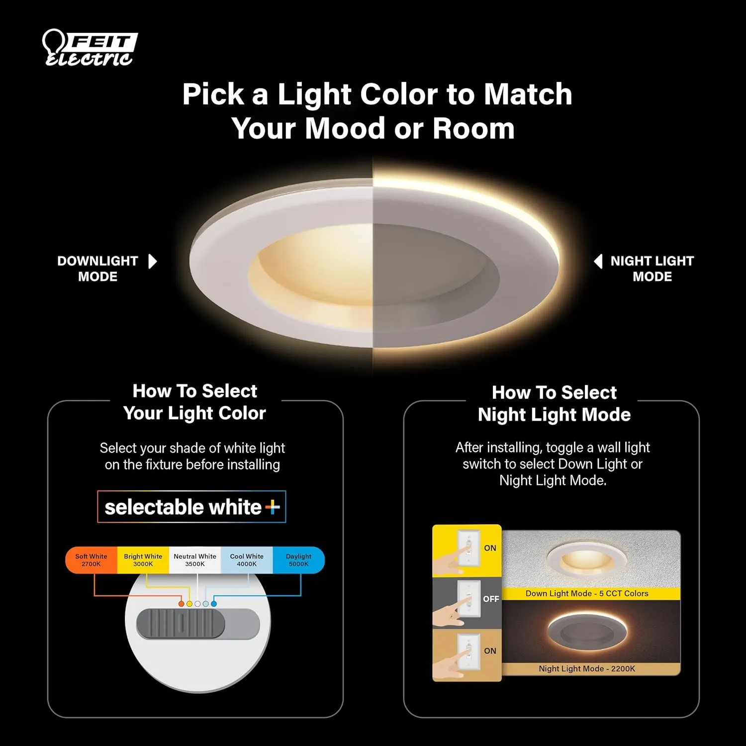 Feit Electric 5-6" LED Recessed Downlight with Night Light Mode, 75W Equivalent, Dimmable, 5CCT Selectable White, 90 CRI, 1000 Lumens, 45 Year Lifetime, LEDR56/NL/5CCTCA/RP