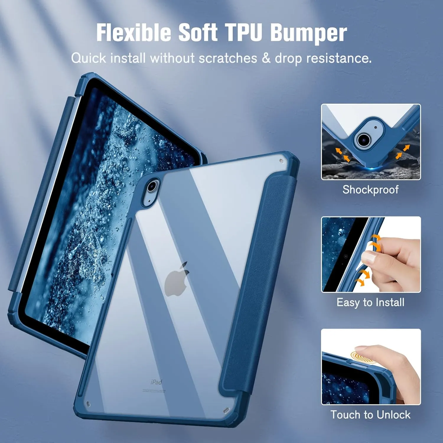 Fintie Hybrid Slim Case for iPad (A16) 11th Generation 11 Inch (2025), iPad 10th Generation 10.9 Inch (2022) - Shockproof Cover with Clear Transparent Back Shell & Pencil Holder, Marine Blue