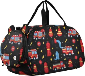 Firefighter Fire Hose Hydrant Truck Black Gym Duffel Bag with Shoes Compartment Lightweight Weekend Overnight Carry on Bag for Travel, Swimming, Dance, Ballet
