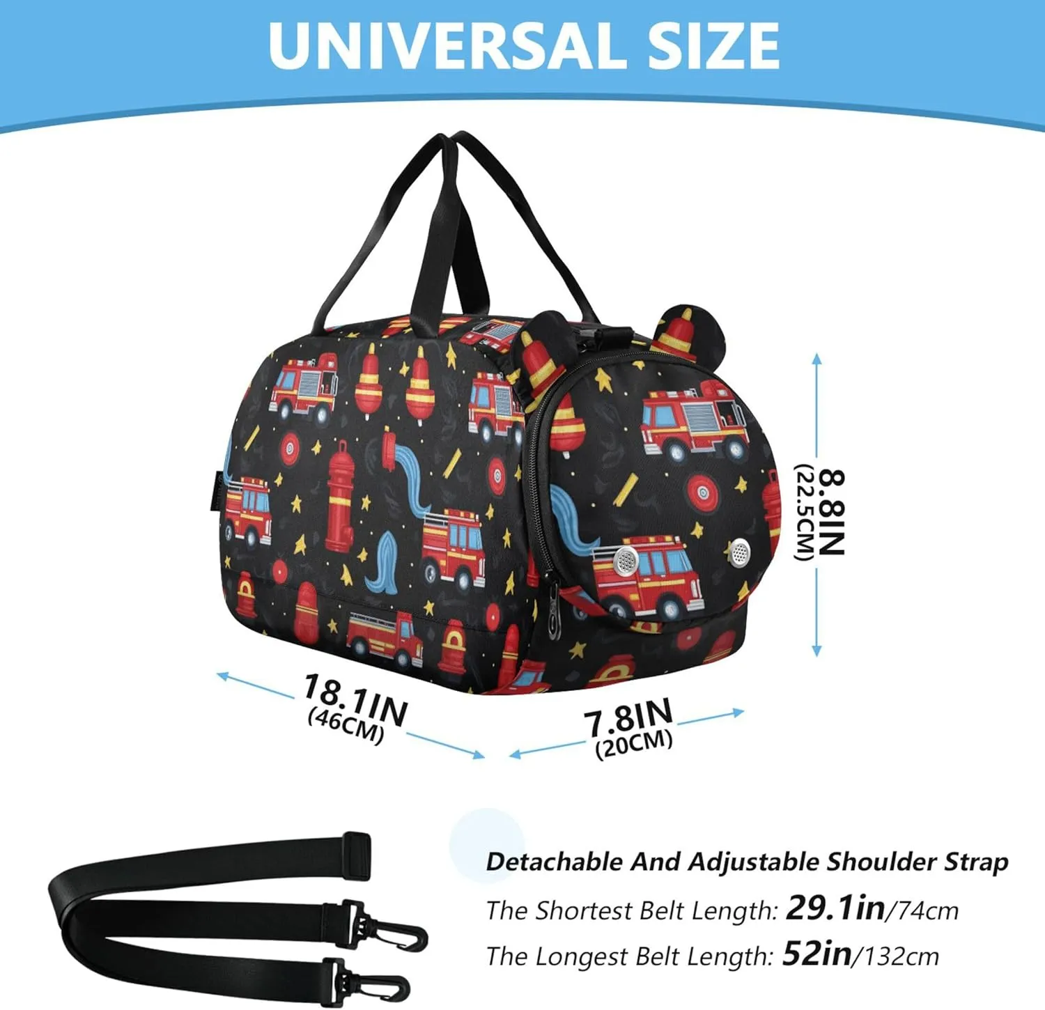 Firefighter Fire Hose Hydrant Truck Black Gym Duffel Bag with Shoes Compartment Lightweight Weekend Overnight Carry on Bag for Travel, Swimming, Dance, Ballet