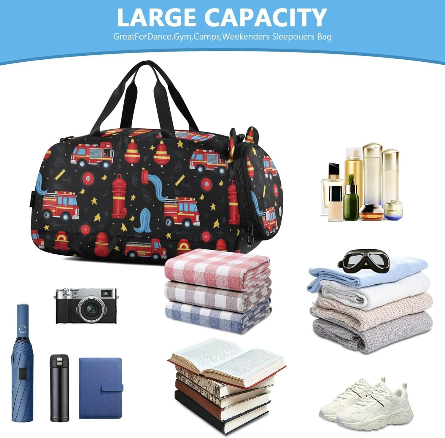 Firefighter Fire Hose Hydrant Truck Black Gym Duffel Bag with Shoes Compartment Lightweight Weekend Overnight Carry on Bag for Travel, Swimming, Dance, Ballet