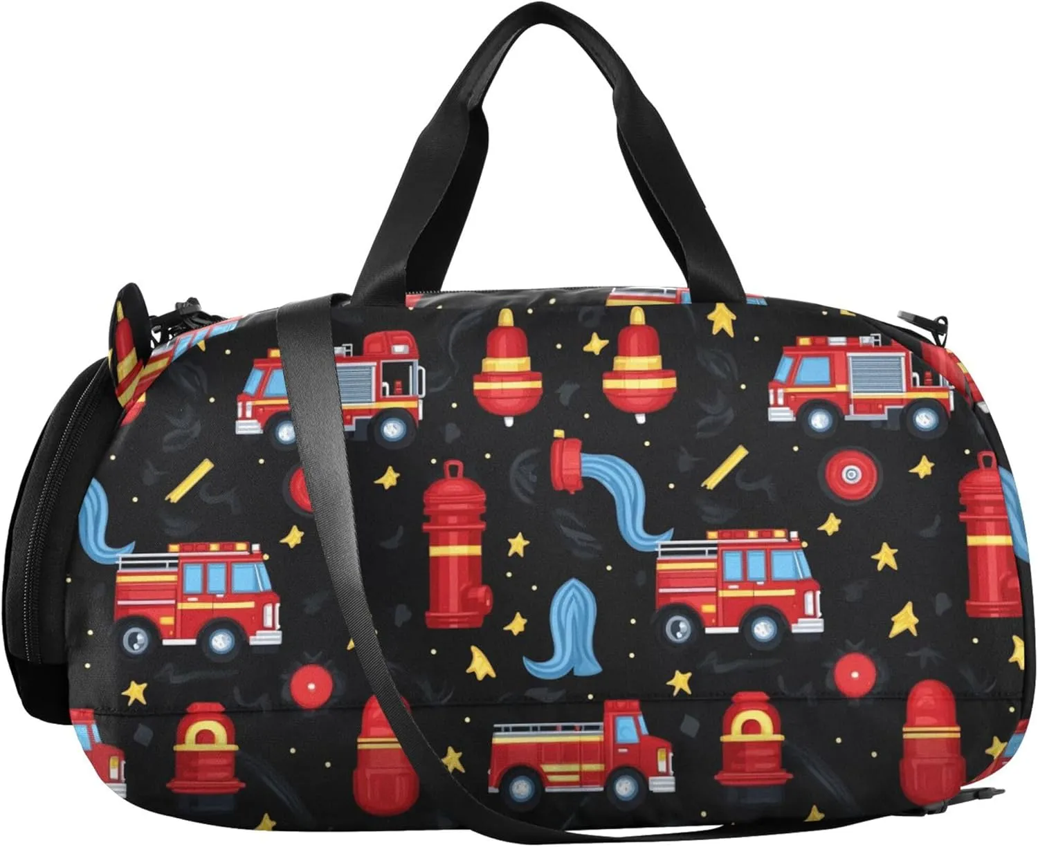 Firefighter Fire Hose Hydrant Truck Black Gym Duffel Bag with Shoes Compartment Lightweight Weekend Overnight Carry on Bag for Travel, Swimming, Dance, Ballet