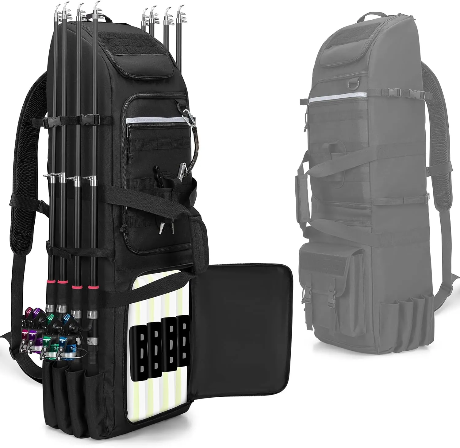 Fishing Rod Bag Backpack Holds 8 Rods & Reels, Fishing Tackle Bag with Compartment for Tackle Boxes, Fishing Gear or Equipment, Fishing Pole Carrying Bag with Tactical Molle System