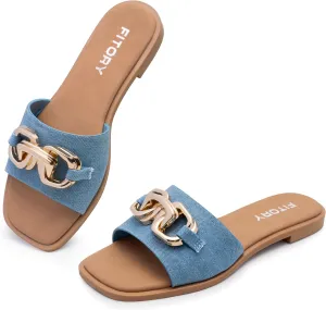 FITORY Women's Flat Sandals Fashion Slides With Soft Leather Slippers for Summer Size 6-11