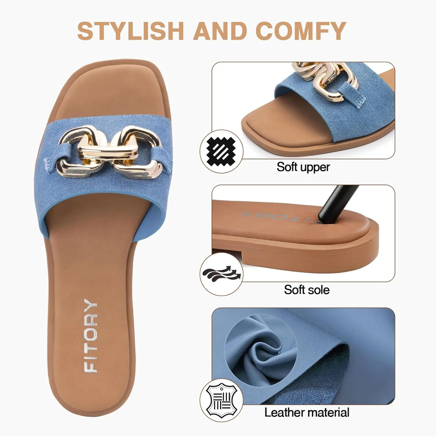 FITORY Women's Flat Sandals Fashion Slides With Soft Leather Slippers for Summer Size 6-11