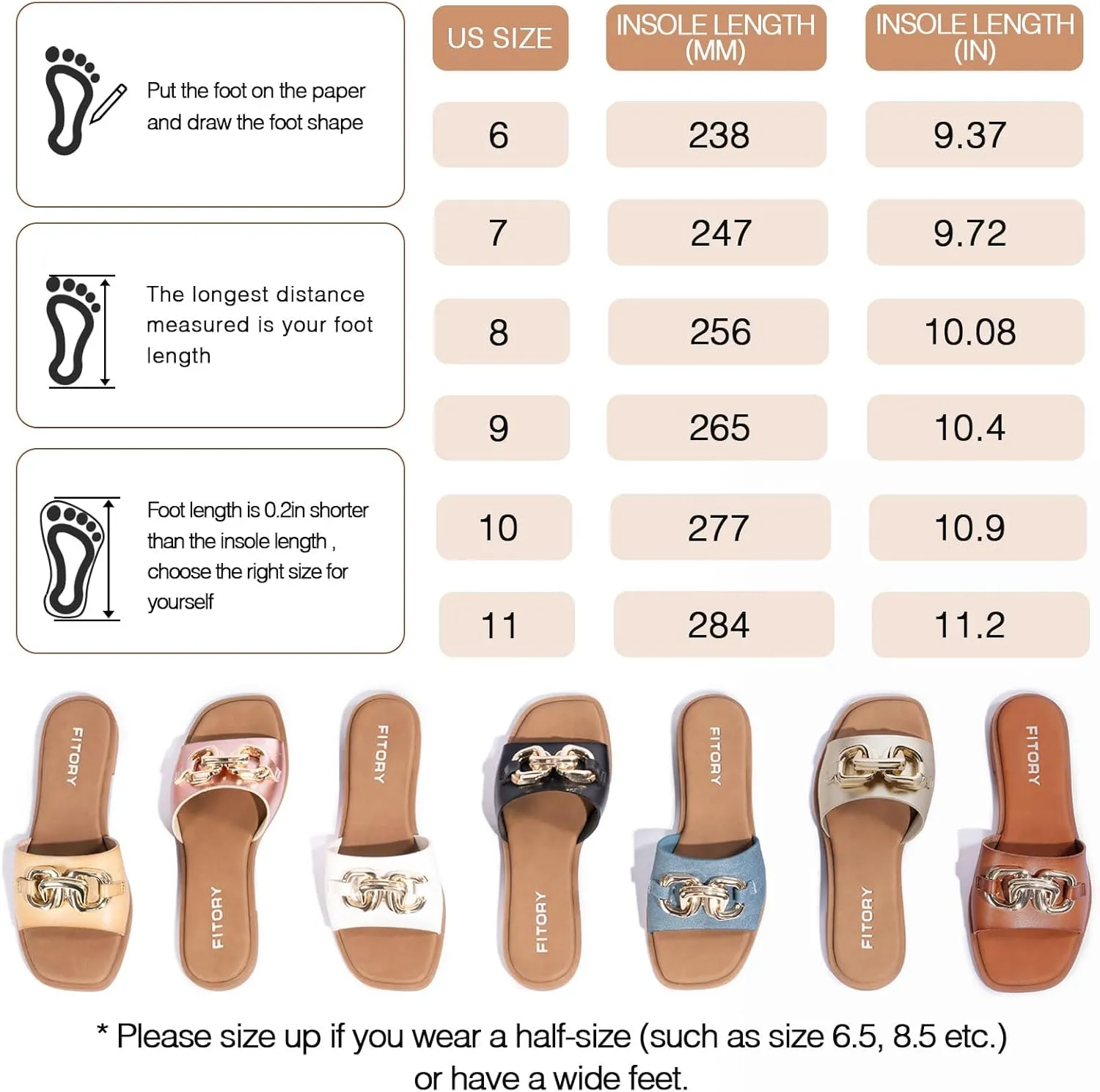 FITORY Women's Flat Sandals Fashion Slides With Soft Leather Slippers for Summer Size 6-11
