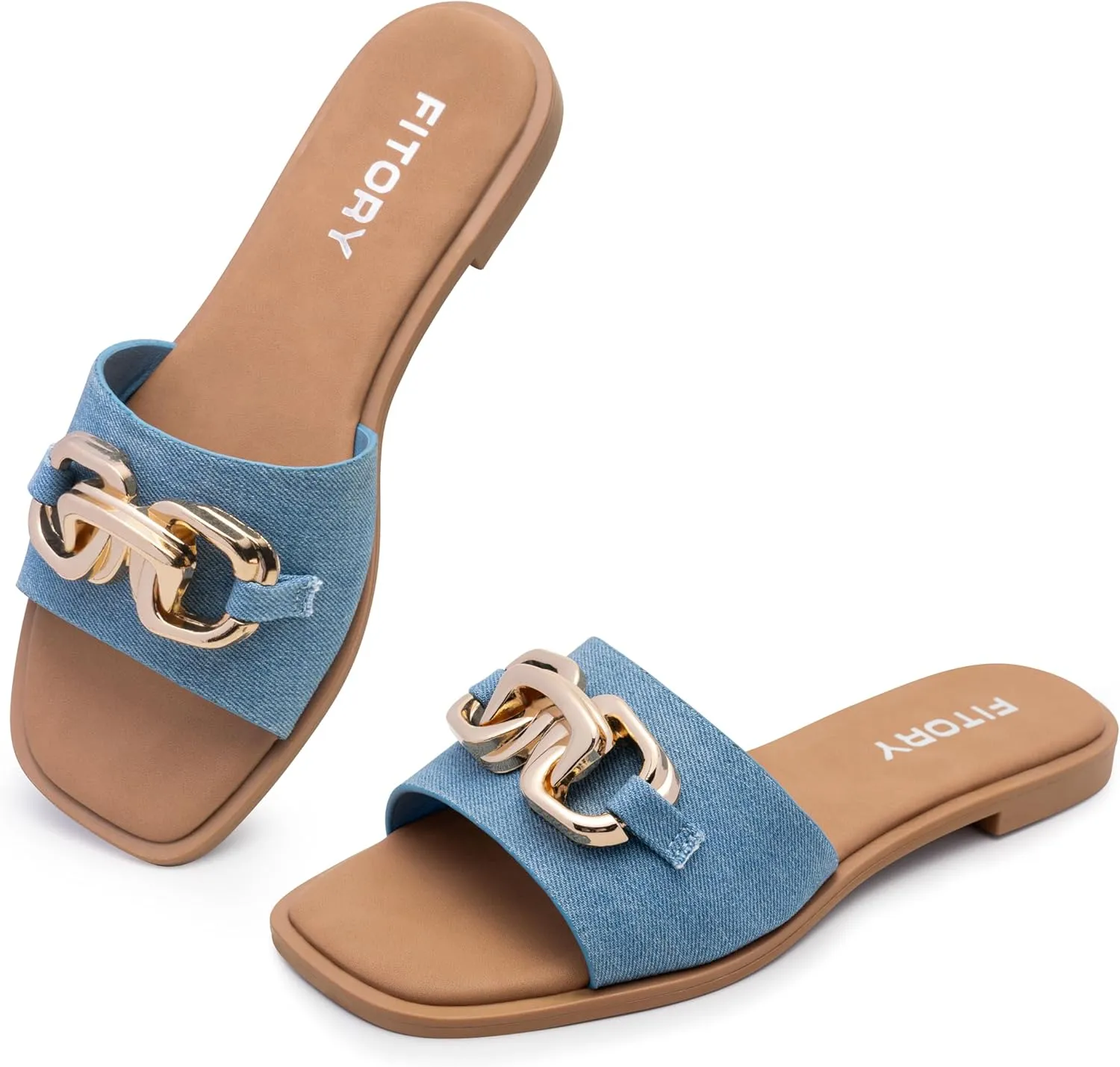 FITORY Women's Flat Sandals Fashion Slides With Soft Leather Slippers for Summer Size 6-11