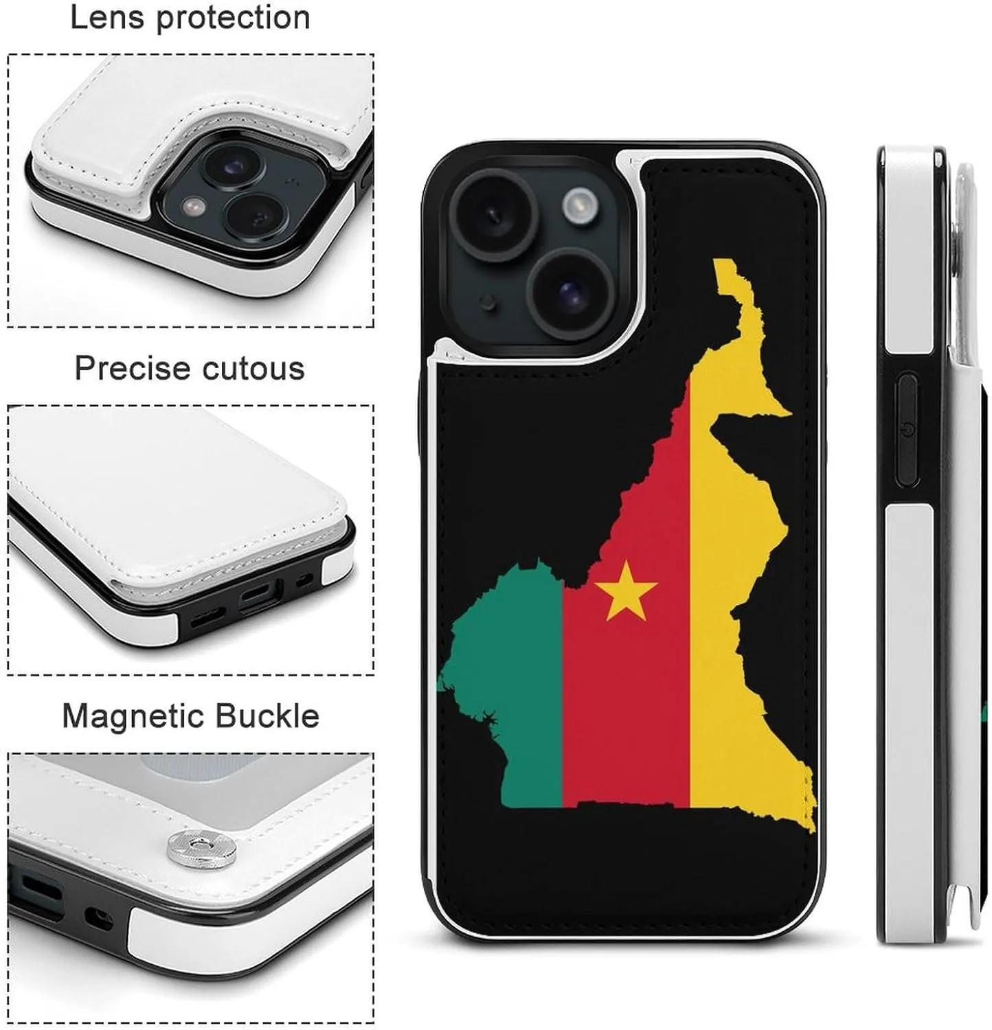 Flag Map of Cameroon Printed Flip Wallet Phone Case Compatible with iPhone 15/iPhone 15 Plus/iPhone 15 Pro/iPhone 15 Pro Max Protective Cover with Card Holder Kickstand
