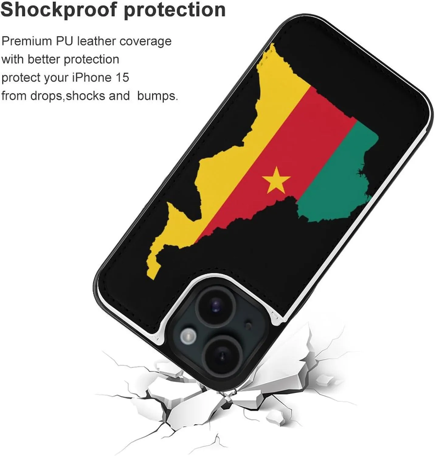 Flag Map of Cameroon Printed Flip Wallet Phone Case Compatible with iPhone 15/iPhone 15 Plus/iPhone 15 Pro/iPhone 15 Pro Max Protective Cover with Card Holder Kickstand