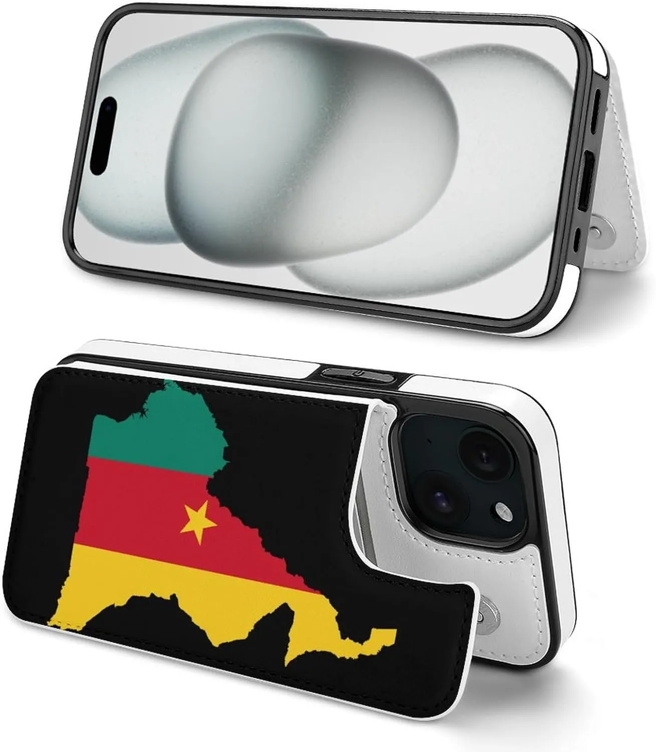 Flag Map of Cameroon Printed Flip Wallet Phone Case Compatible with iPhone 15/iPhone 15 Plus/iPhone 15 Pro/iPhone 15 Pro Max Protective Cover with Card Holder Kickstand