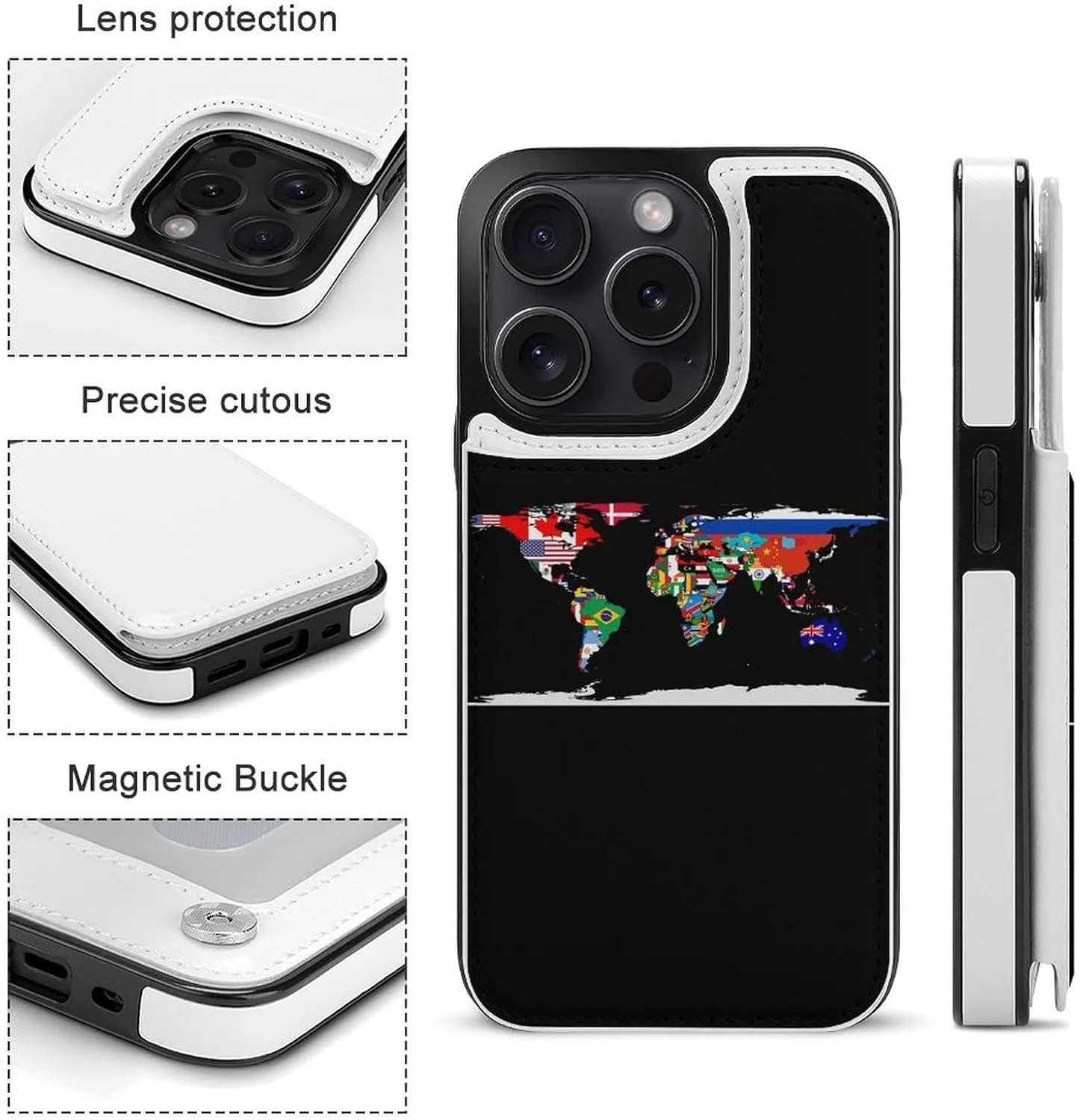 Flag Map of The World Printed Flip Wallet Phone Case Compatible with iPhone 15/iPhone 15 Plus/iPhone 15 Pro/iPhone 15 Pro Max Protective Cover with Card Holder Kickstand