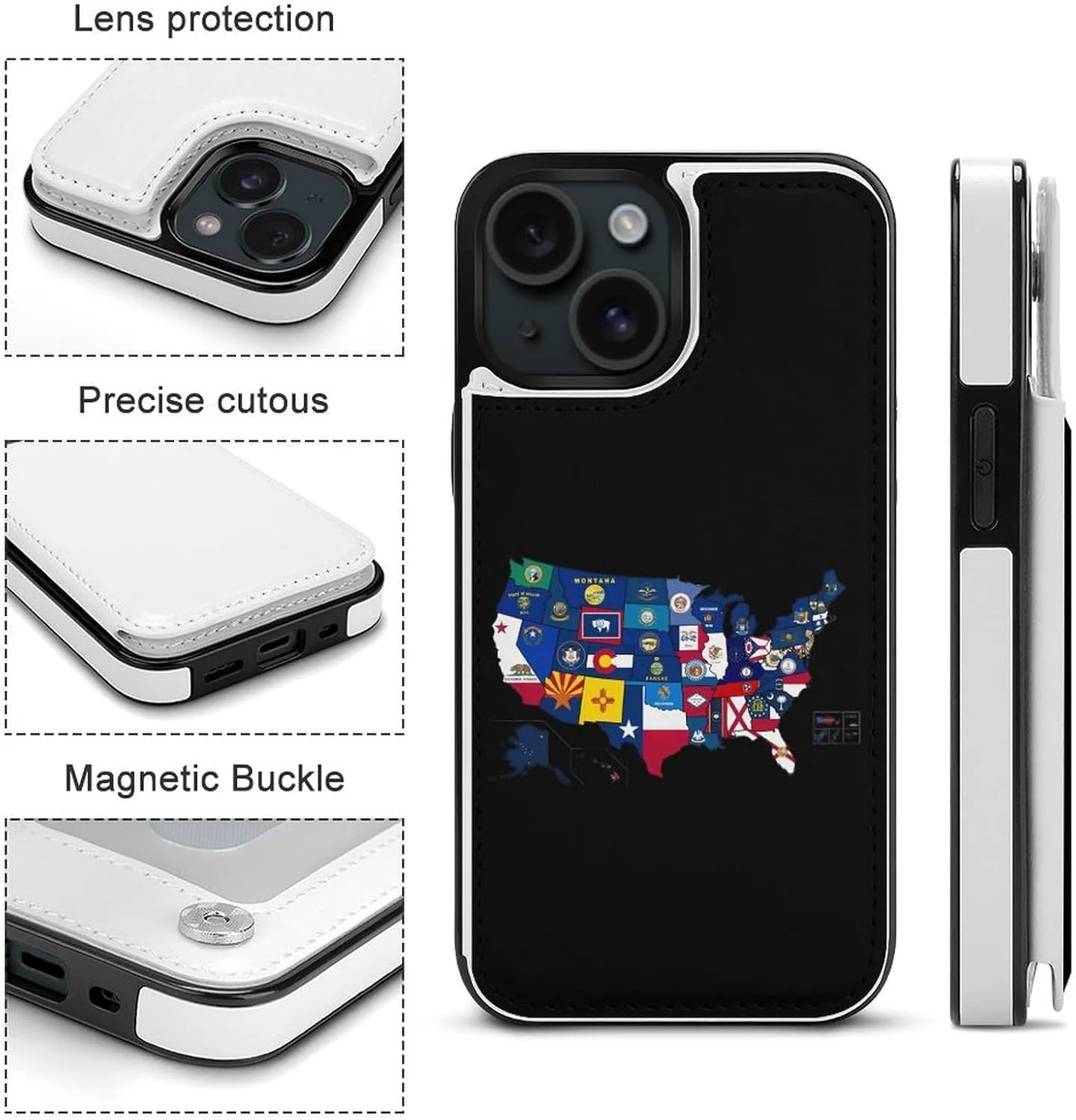 Flag Map of U.S. States and Territories Printed Flip Wallet Phone Case Compatible with iPhone 15/iPhone 15 Plus/iPhone 15 Pro/iPhone 15 Pro Max Protective Cover with Card Holder Kickstand