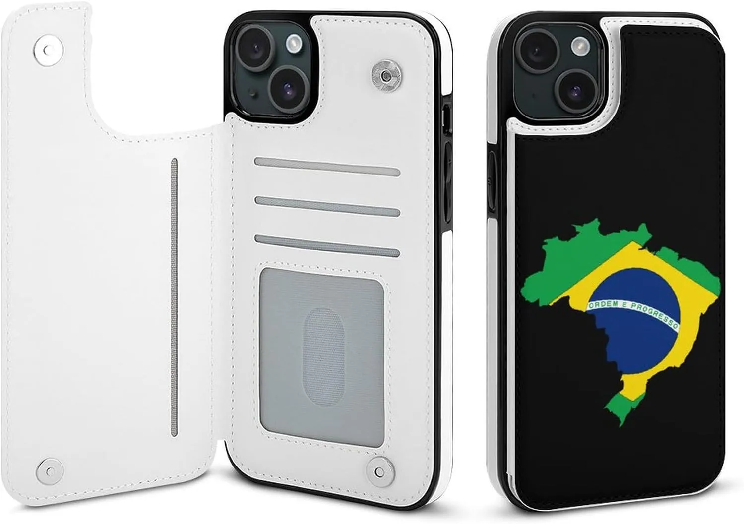 Flag of Brazil Map Printed Flip Wallet Phone Case Compatible with iPhone 15/iPhone 15 Plus/iPhone 15 Pro/iPhone 15 Pro Max Protective Cover with Card Holder Kickstand