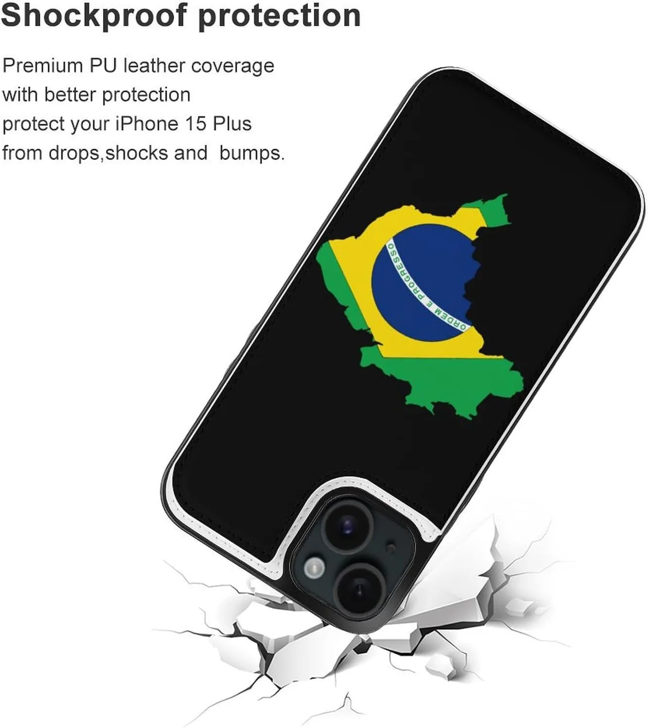 Flag of Brazil Map Printed Flip Wallet Phone Case Compatible with iPhone 15/iPhone 15 Plus/iPhone 15 Pro/iPhone 15 Pro Max Protective Cover with Card Holder Kickstand